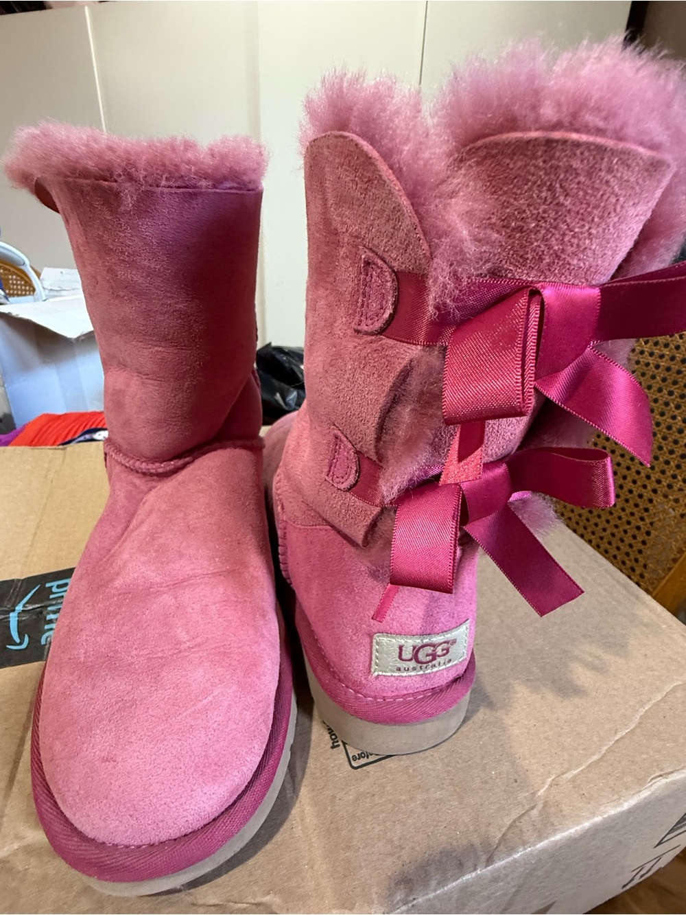 UGG Pink Suede Shearling Back-Bow Boots